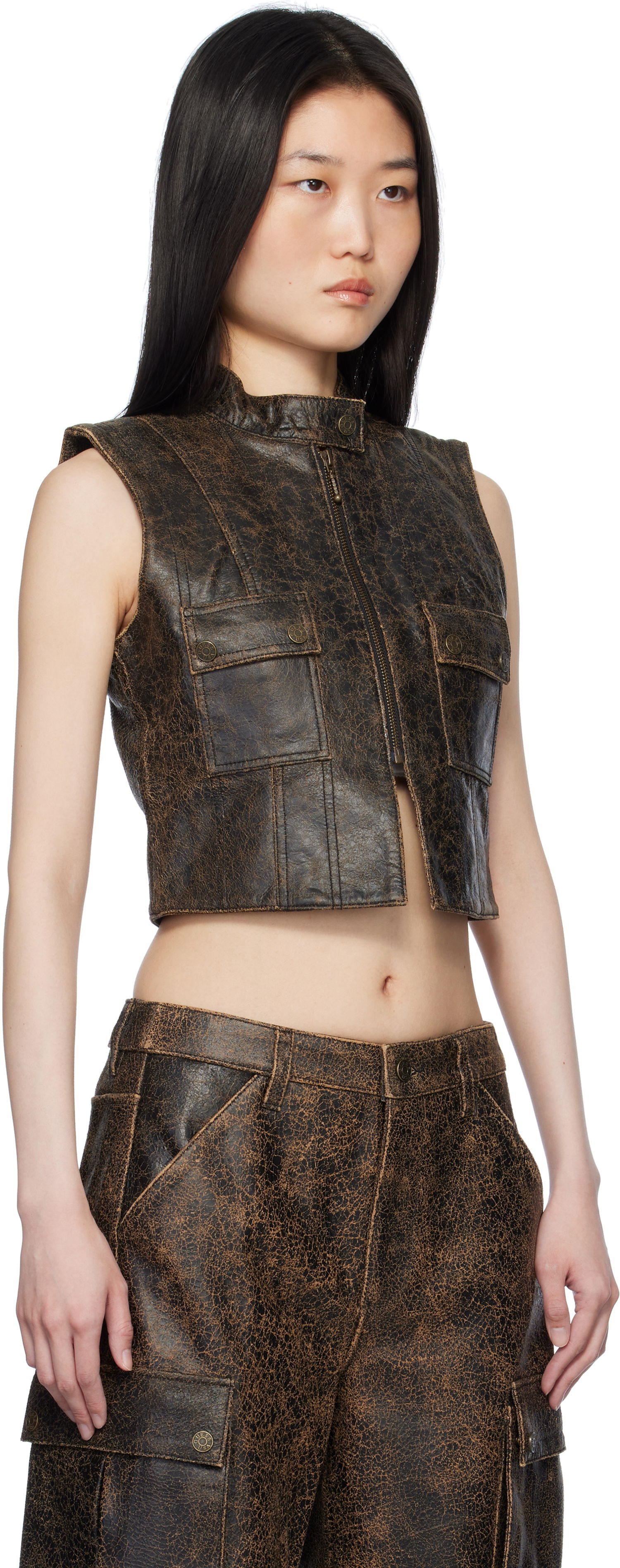 Telovnik GUESS GUESS Crackled Leather Vest Rjava | W4BH16L0R10, 1