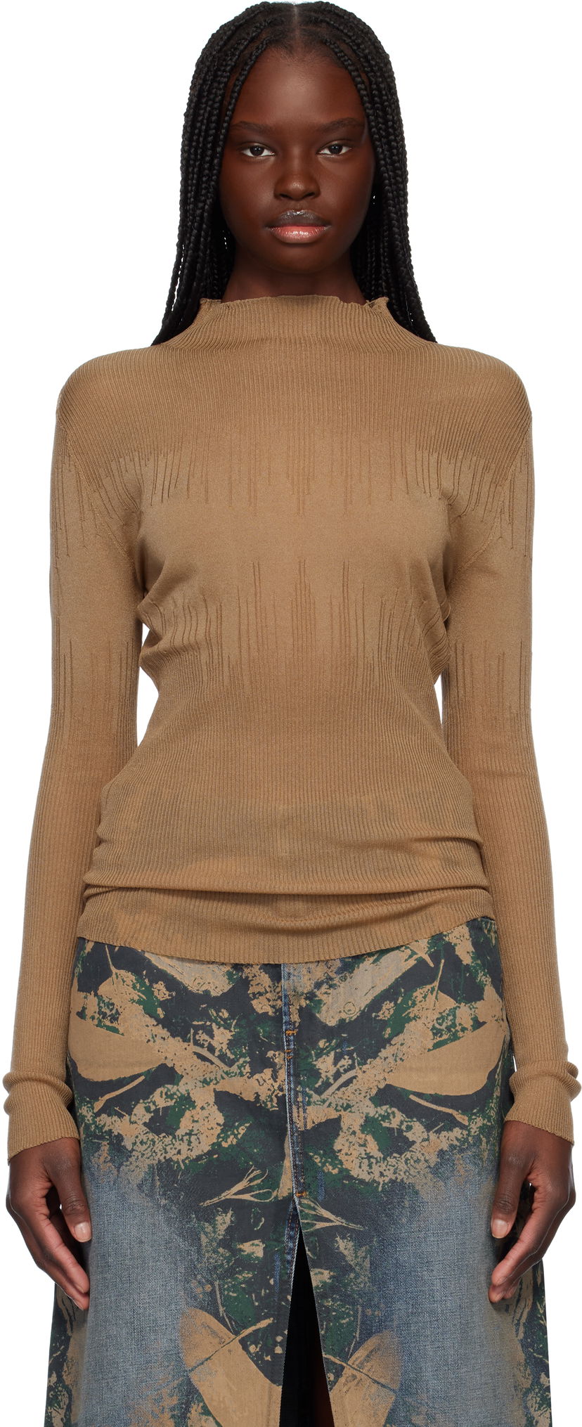 Pleteni pulover Feng Chen Wang Feng Chen Wang Transparent Ribbed Knit Sweater Rjava | FUS19KT03