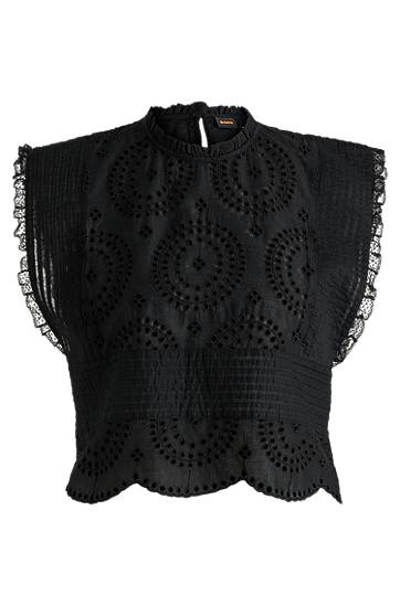 Krop-top BOSS Cotton Broderie Blouse with Pleat Details Črna | 50538349