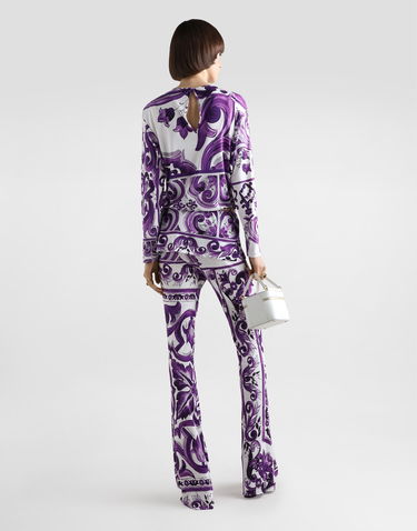 Hlače Dolce & Gabbana Dolce & Gabbana Majolica-Print Flared Viscose Trousers Lila | FTDB6TFS8C0IP3TN, 2