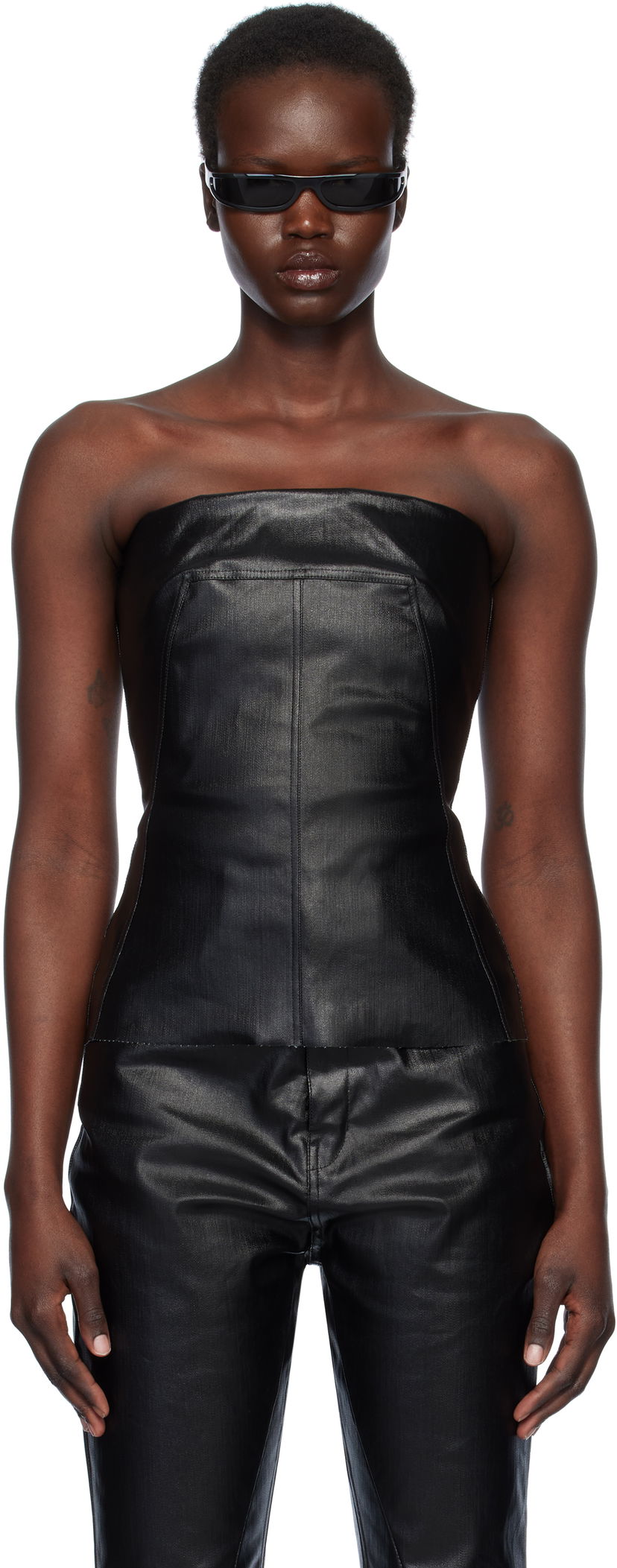 Majica brez rokavov Rick Owens Rick Owens Hollywood Coated Stretch Denim Bustier Top Črna | RP01E7127 SCT