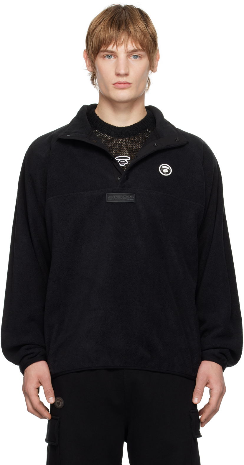 Pleteni pulover AAPE by A Bathing Ape AAPE by A Bathing Ape 'AAPE NOW' Moonface Logo Fleece Pullover Črna | AAPSWMB322XXNBKX