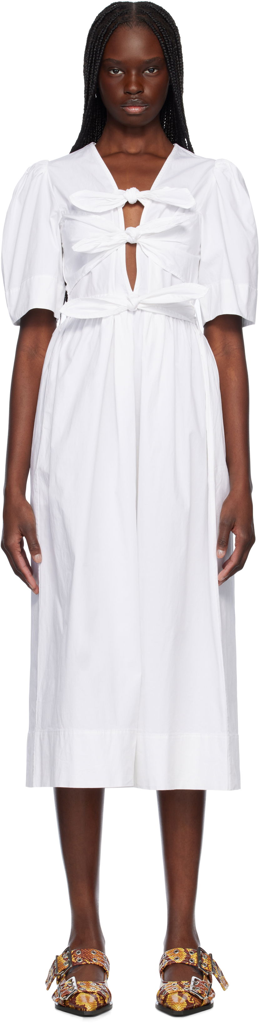 Obleke GANNI GANNI Stretch Cotton Tie Strap Midi Dress Bela | W0306