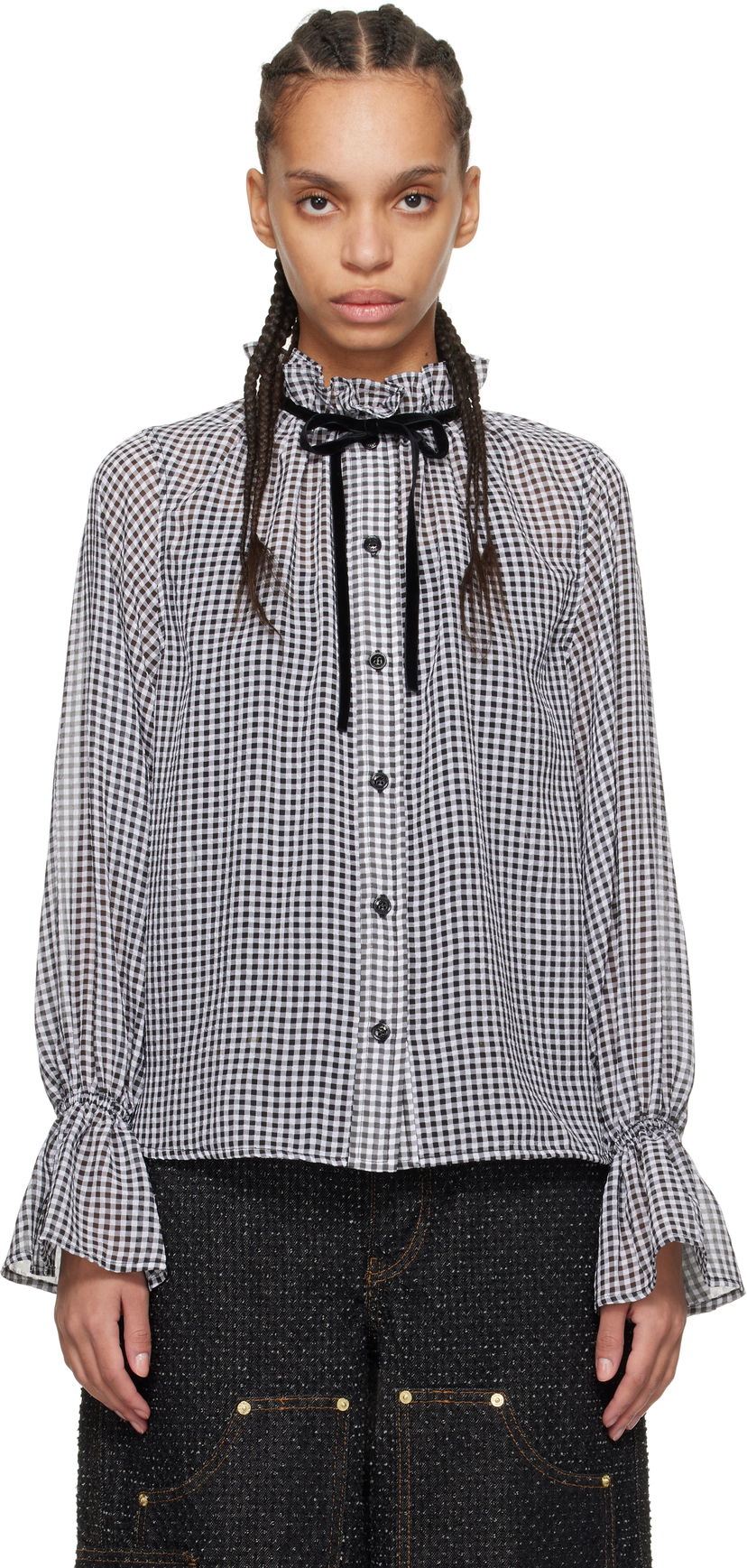 Srajce GANNI Ganni Sheer Check Tie-Neck Blouse Bela | W0155