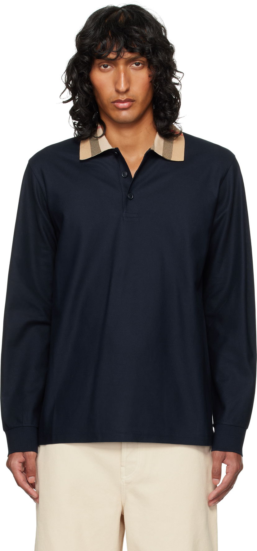 Polo majica Burberry Burberry Check Collar Long Sleeve Polo Mornarica | 8098813