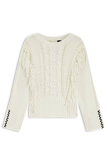 Pleteni pulover BOSS Cable Knit Sweater with Fringe Bela | 50543949