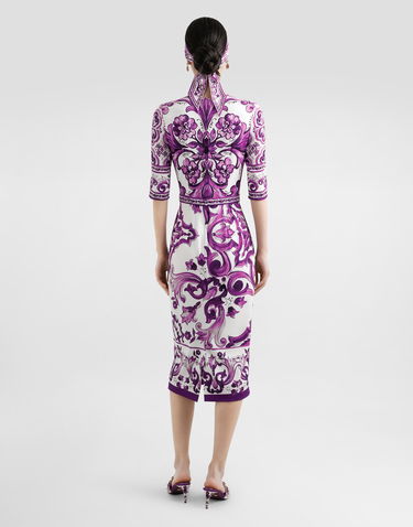 Obleke Dolce & Gabbana Dolce & Gabbana Majolica Print Charmeuse Midi Dress Lila | F6EAJTHPAELIP3TN, 2
