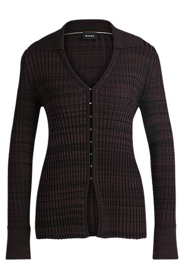 Pleteni pulover BOSS BOSS Ribbed Stretch Fabric V-Neck Cardigan with Collar Črna | 50518366