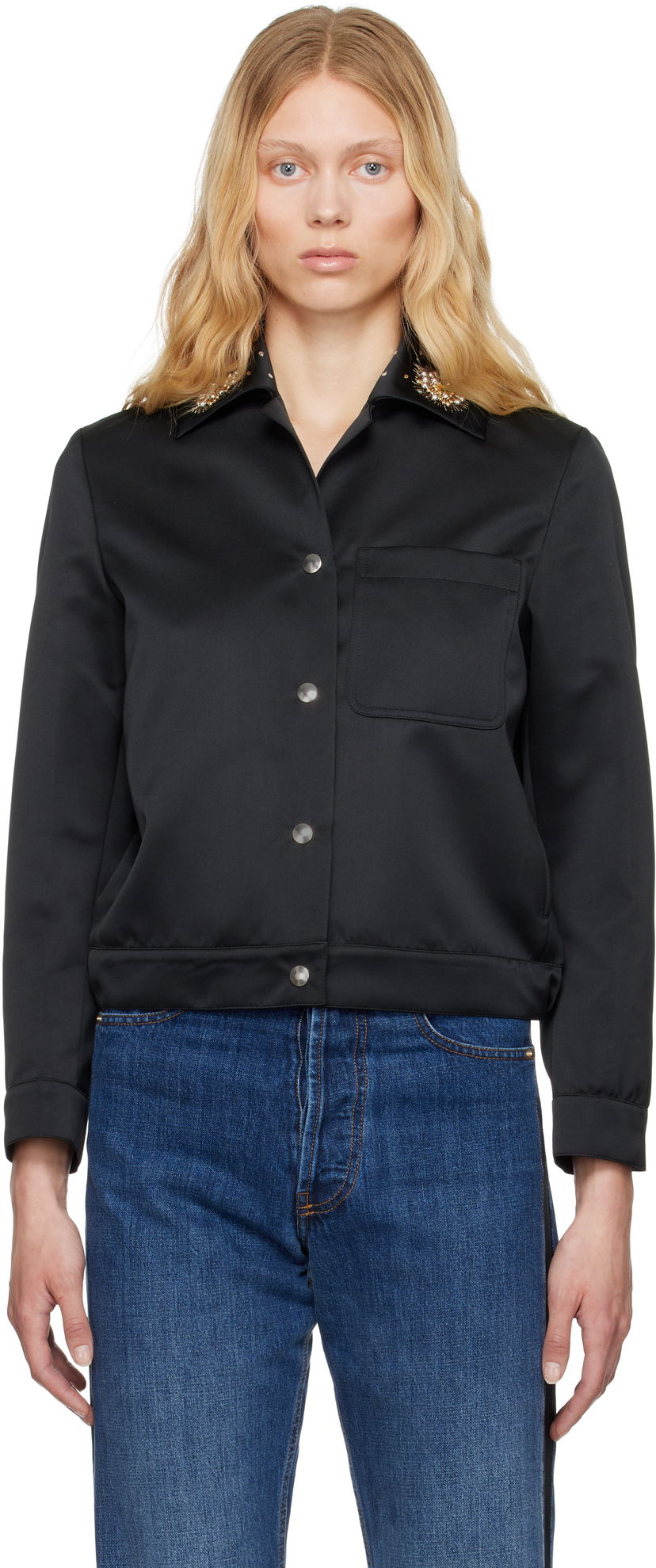 Srajce Wales Bonner Wales Bonner 'The Flora' Cropped Satin Jacket Črna | WS25JA18-PL03-999