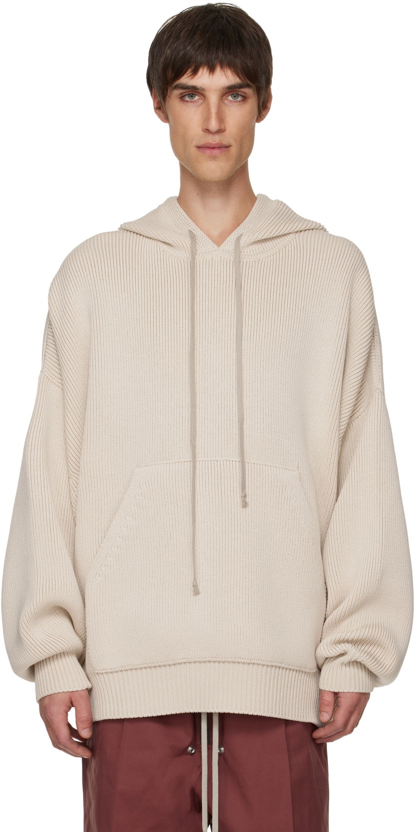 Pulover Rick Owens Ribbed Knit Oversized Concordians Hun Hoodie Bež | RR02E1698 KWVH