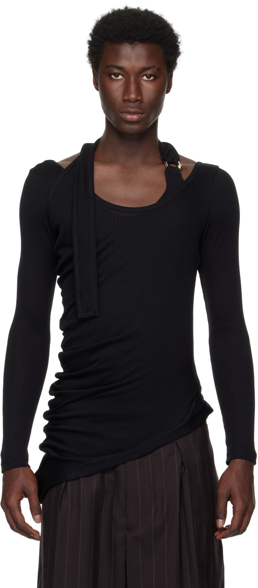 Majica Jean Paul Gaultier Jean Paul Gaultier Ribbed Twisted Double Layer Piercing T-Shirt Črna | 25/03-W-TO287-J000-00