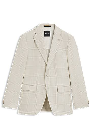 Jakna BOSS BOSS Slim-Fit Checked Wool-Silk-Linen Blazer Bež | 50545883