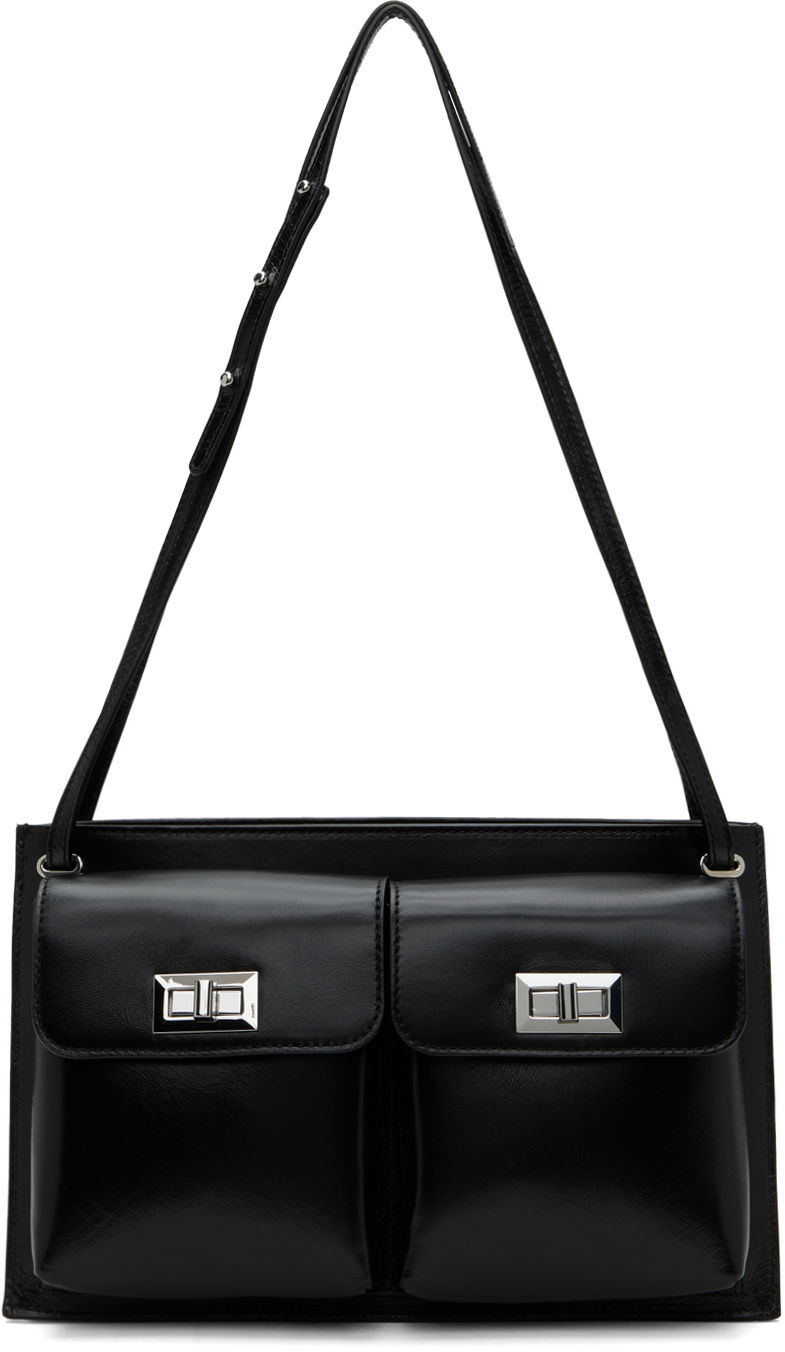 Torba za čez ramo BY FAR Leather Double Pocket Tote Bag Črna | SWBSB024LL002BK001PL