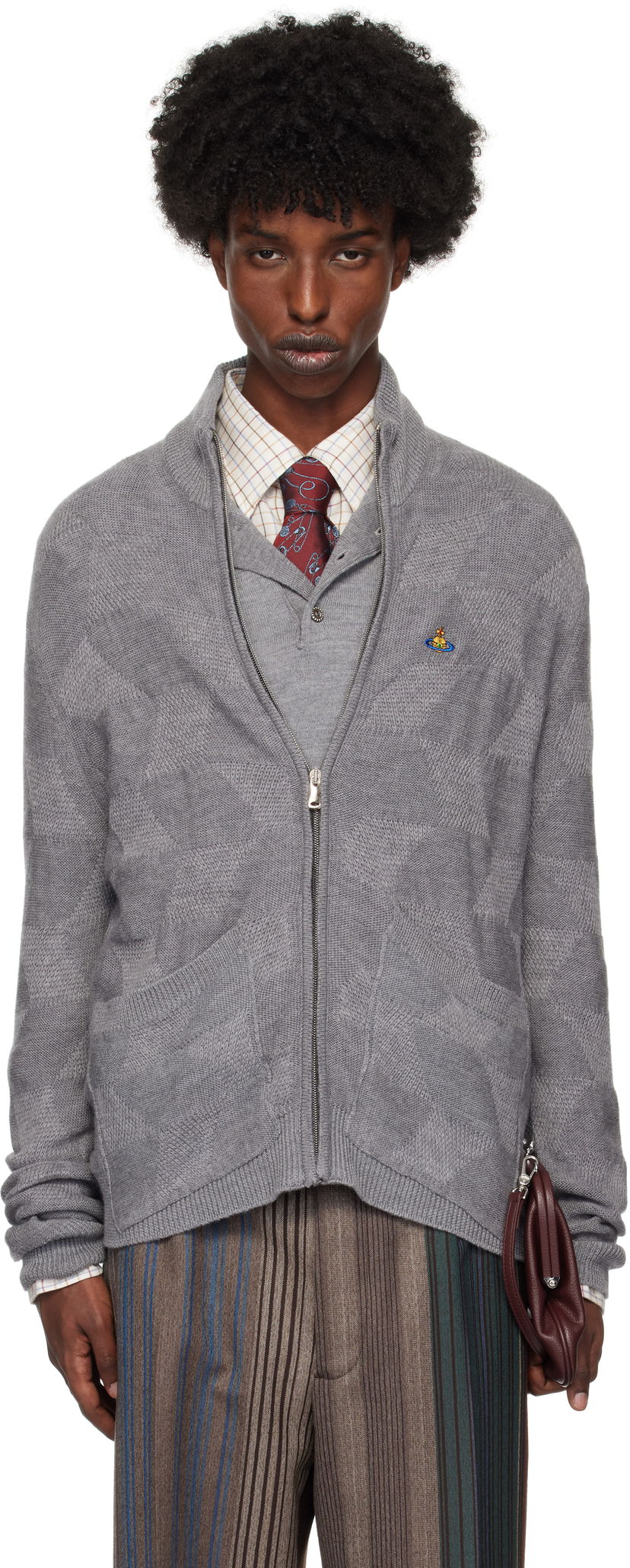 Pleteni pulover Vivienne Westwood Fisherman Zip-Up Sweater Siva | 2701001T-Y002M-