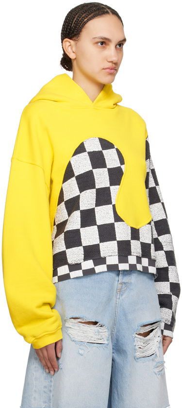 Pulover ERL Checkered Fleece Applique Hoodie Rumena | ERL08T022, 4