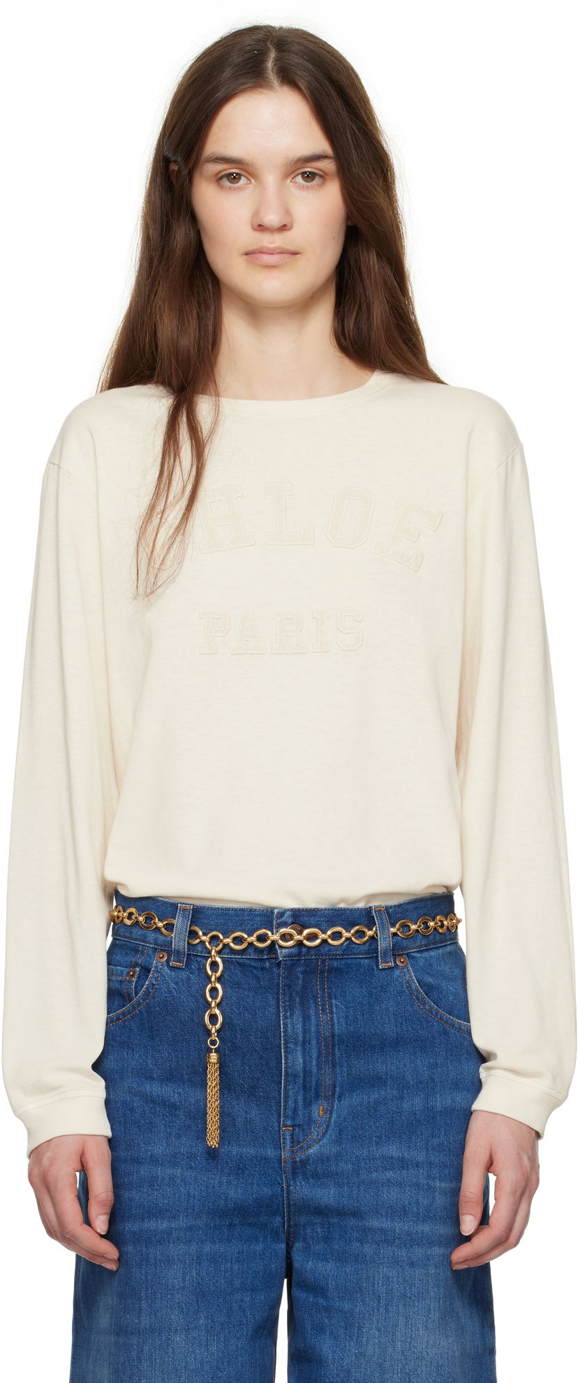 Majica CHLOÉ Chloé Oversized Logo Long Sleeve T-Shirt Bež | CH25SJH07183