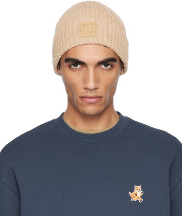 Beanie MAISON KITSUNÉ Maison Kitsuné Fox Head Leather Patch Beanie Bež | OW06110KT1140, 0