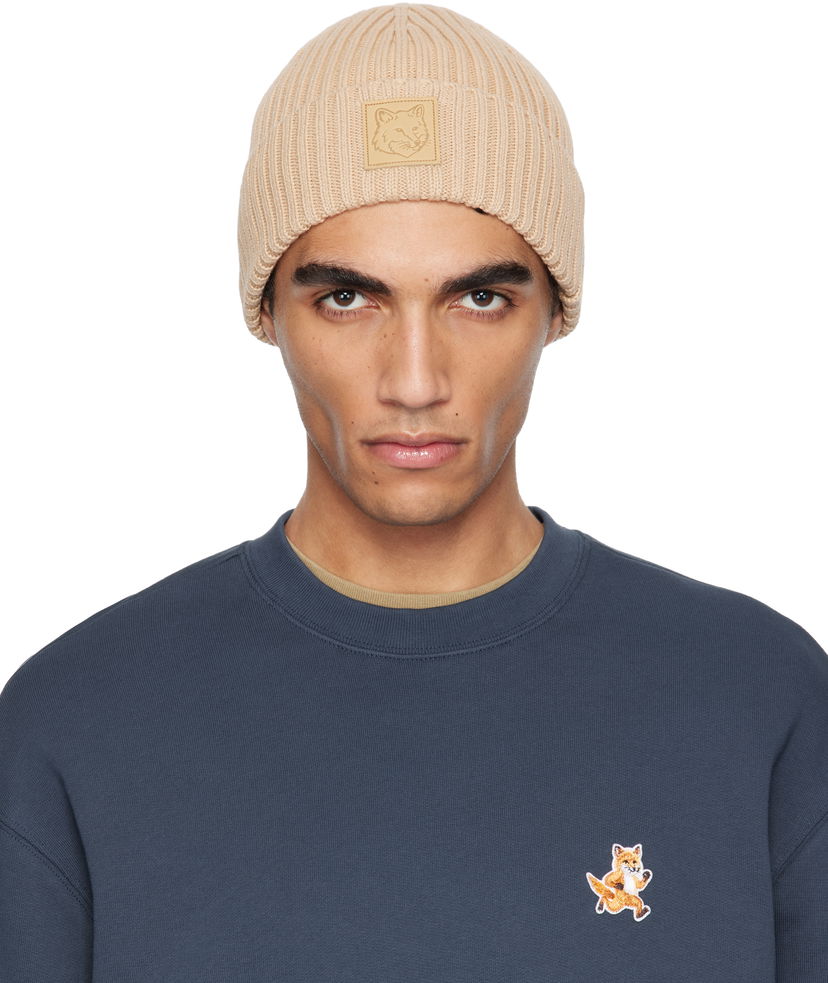 Beanie MAISON KITSUNÉ Maison Kitsuné Fox Head Leather Patch Beanie Bež | OW06110KT1140
