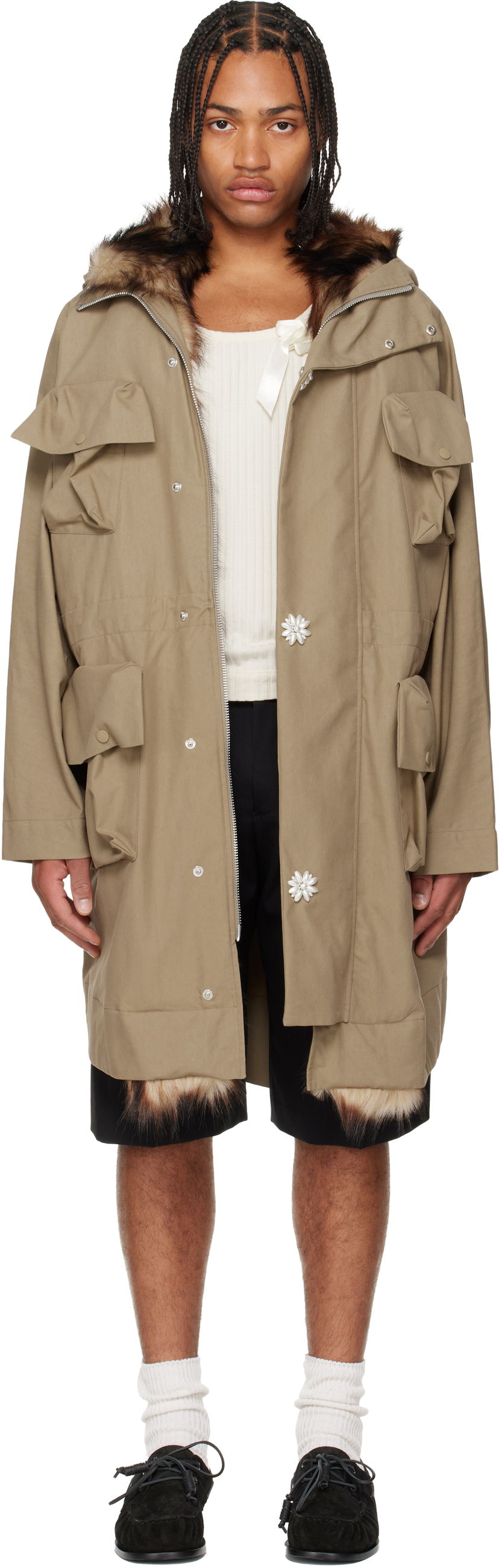 Parka Simone Rocha Simone Rocha Multi Pocket Faux Fur Lined Parka Coat Bež | 2078B 1267
