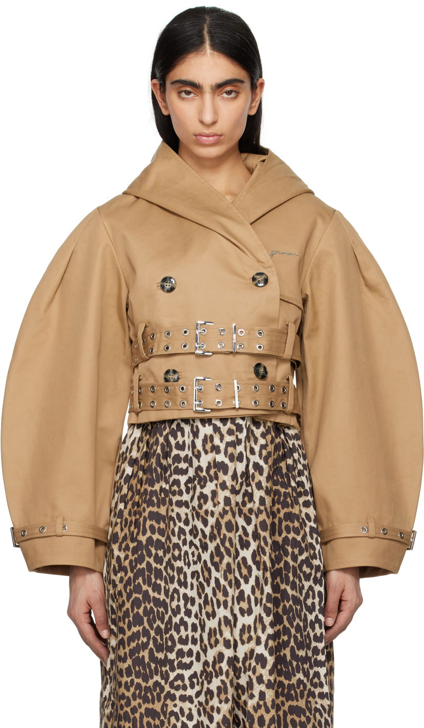 Trenčkot GANNI Ganni Bonded Cotton Short Trench Jacket Rjava | W0220