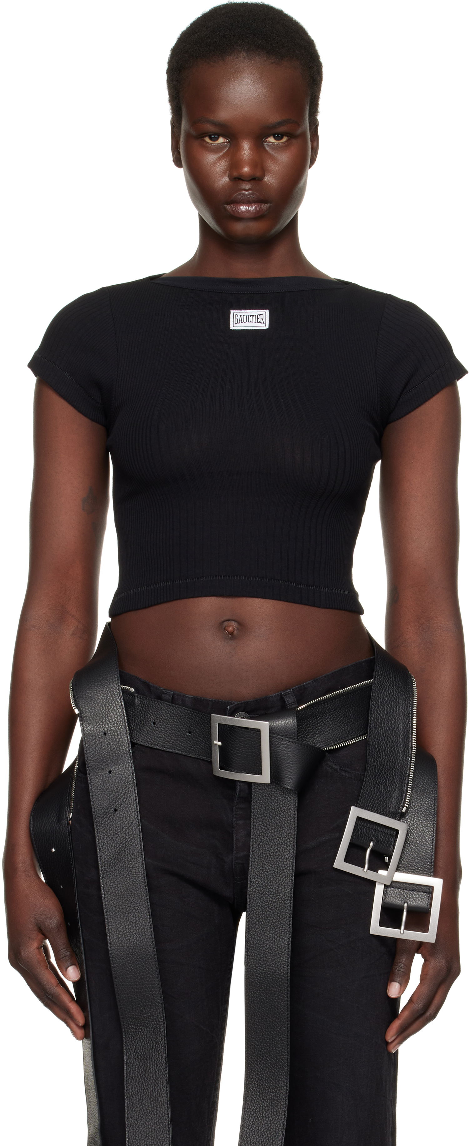 Krop-top Jean Paul Gaultier Jean Paul Gaultier 'The Patch' Ribbed Crop T-Shirt Črna | 25/33-F-TS105P-J054-00, 0