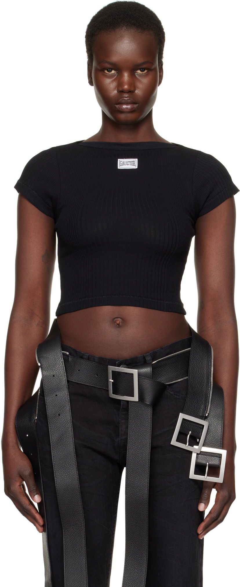 Krop-top Jean Paul Gaultier Jean Paul Gaultier 'The Patch' Ribbed Crop T-Shirt Črna | 25/33-F-TS105P-J054-00