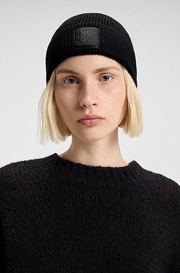 Beanie BOSS Wool-Blend Beanie with Logo Label Črna | 50548413, 1