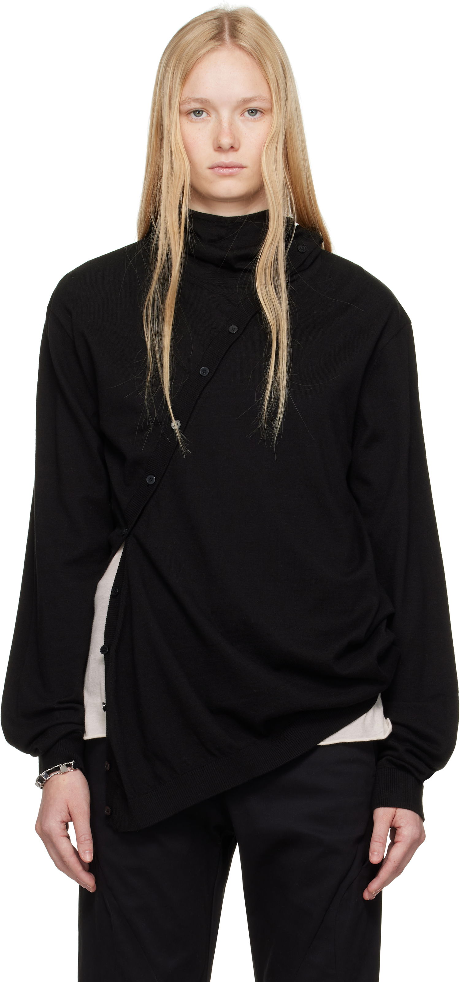 Pleteni pulover Post Archive Faction (PAF) 8.0 Center Knit Asymmetrical Hoodie by Post Archive Faction (PAF) Črna | 8.0 KHC-B, 0