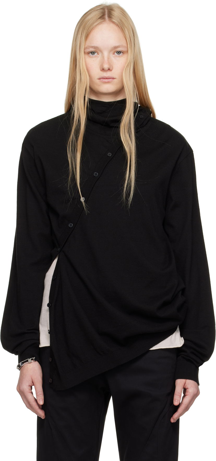 Pleteni pulover Post Archive Faction (PAF) 8.0 Center Knit Asymmetrical Hoodie by Post Archive Faction (PAF) Črna | 8.0 KHC-B