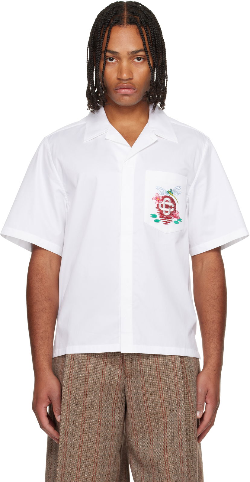 Srajce Casablanca Cotton Poplin Dragonfly and Floral Embroidered Short Sleeve Cuban Collar Shirt Bela | M-AW25-SH-209-01