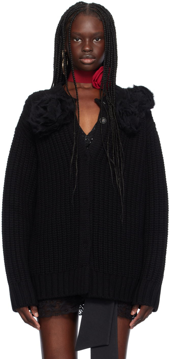Pleteni pulover Blumarine Floral Appliqué Knit Cardigan Črna | A422B084A