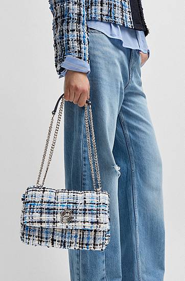 Torba za čez ramo BOSS Tweed Shoulder Bag with Double B Monogram Modra | 50536546, 1