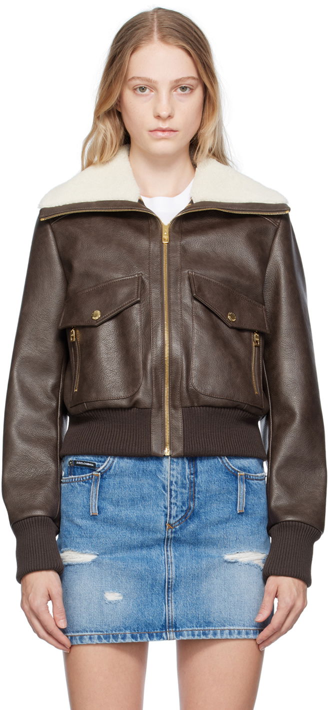 Jakna Dolce & Gabbana Brown Faded Faux-Leather Jacket Rjava | F9Q87T GDBTY