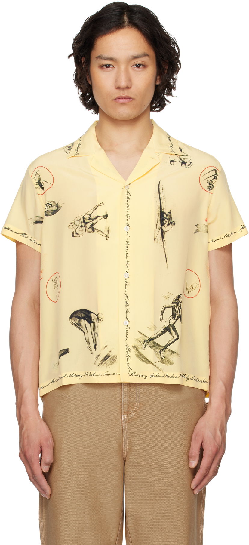 Srajce Bode Bode Games Print Relaxed-Fit Camp Collar Shirt Rumena | MRS25SH020