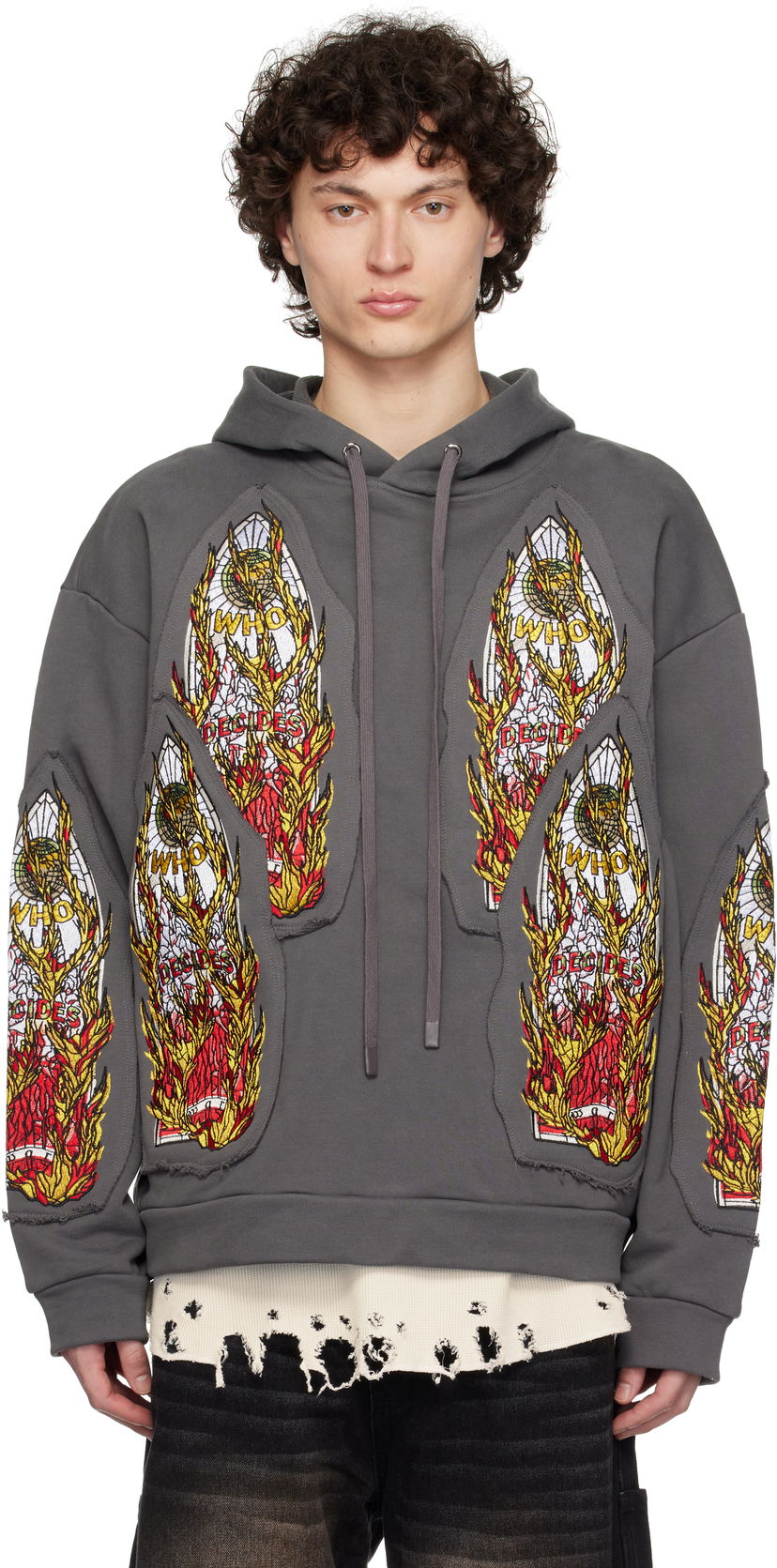 Pulover Who Decides War Who Decides War Flame Glass Embroidered Hoodie Siva | 1110210021SS25