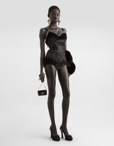 Bodi Dolce & Gabbana Dolce & Gabbana Sequined and Micro-Beaded Bodysuit Črna | F78JEZGDC0IS9021, 1