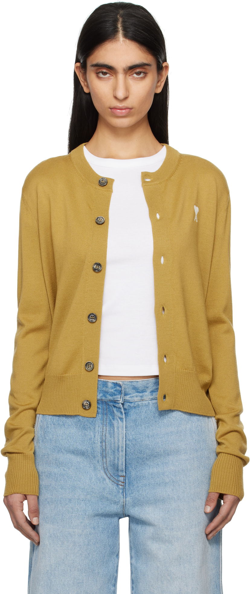 Pleteni pulover AMI AMI Paris Ami de Coeur Wool Cardigan Rumena | FKC221.KN0025