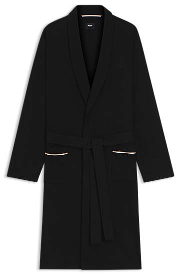 Pižame BOSS Cotton jersey dressing gown with shawl collar, tie belt, and contrast-piped pockets Črna | 50545943