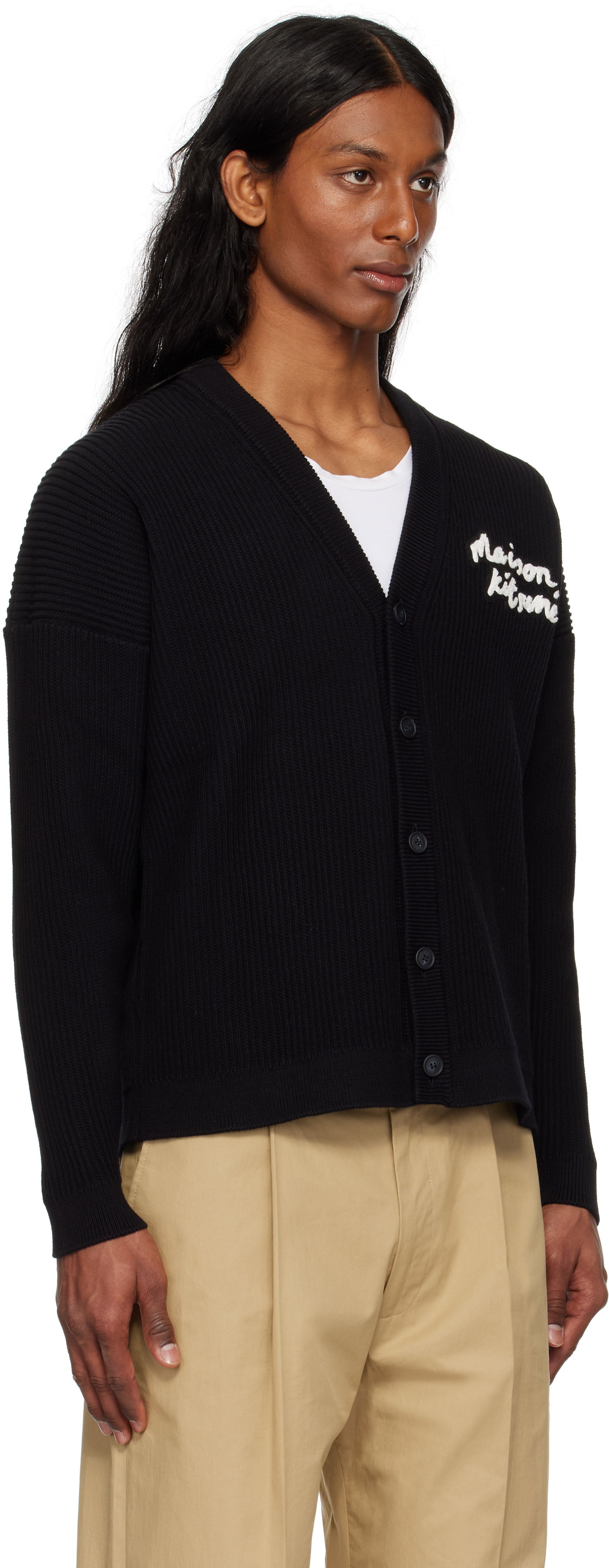 Pleteni pulover MAISON KITSUNÉ Handwriting Comfort Ribbed Cardigan by Maison Kitsuné Črna | OM00505KT1126, 1