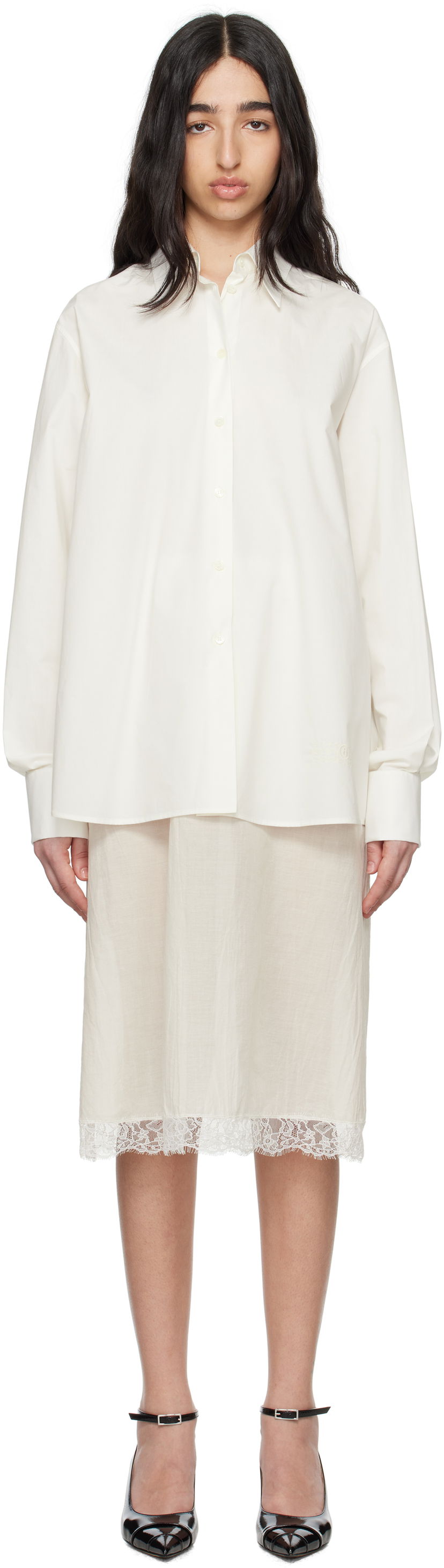 Srajce Maison Margiela MM6 Maison Margiela Cotton Poplin & Voile Midi Dress Bela | S62DD0044 MTN076