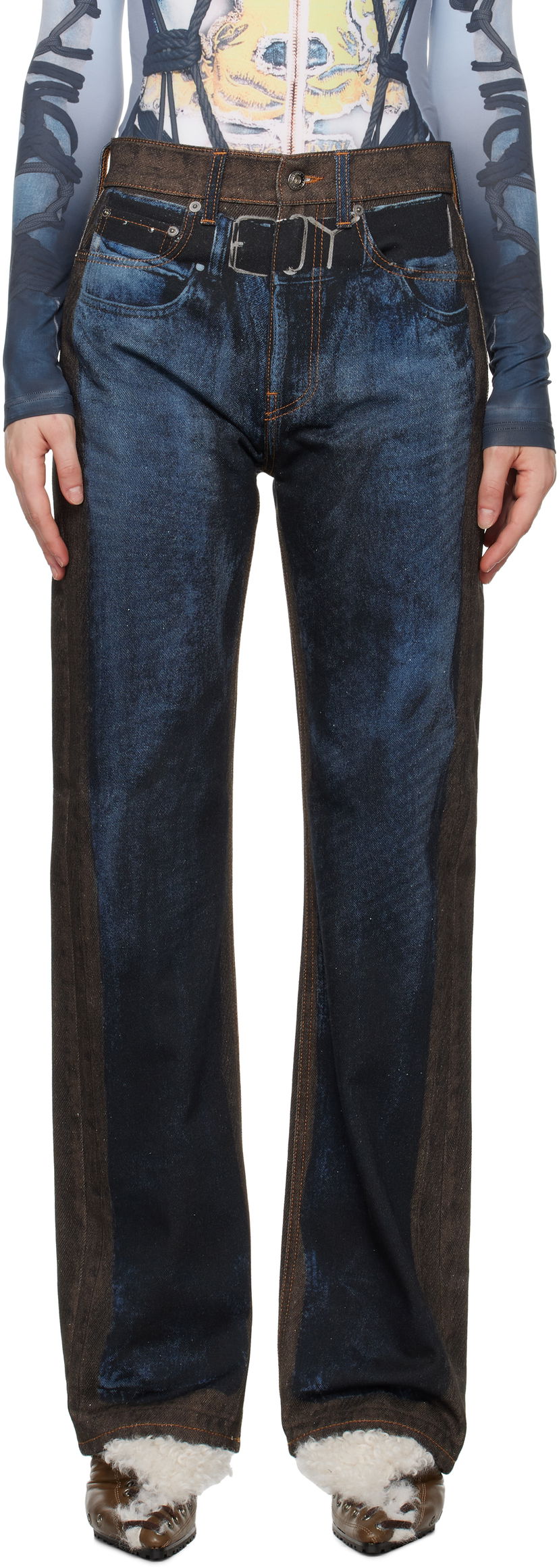 Kavbojke Y/PROJECT Two-Tone Straight-Leg Jeans Modra | 207PA019