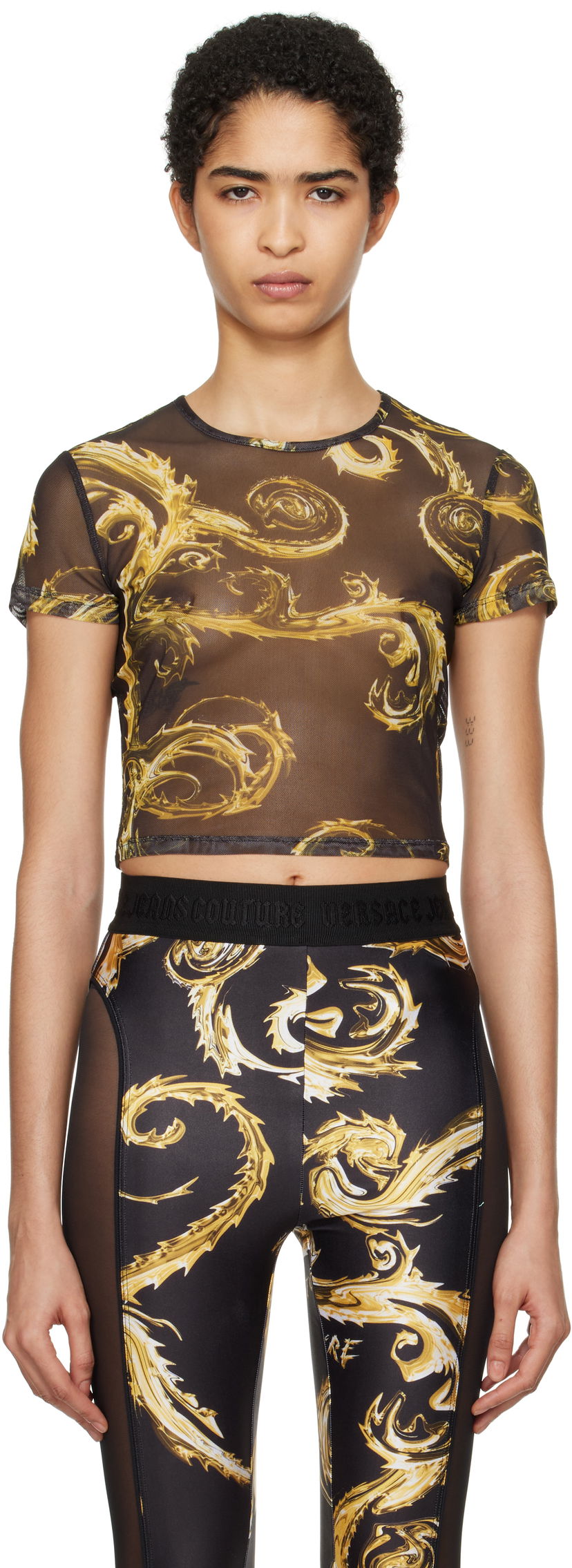 Krop-top Versace Couture Mesh Crop T-shirt Črna | E77HAH6A2_EJS398
