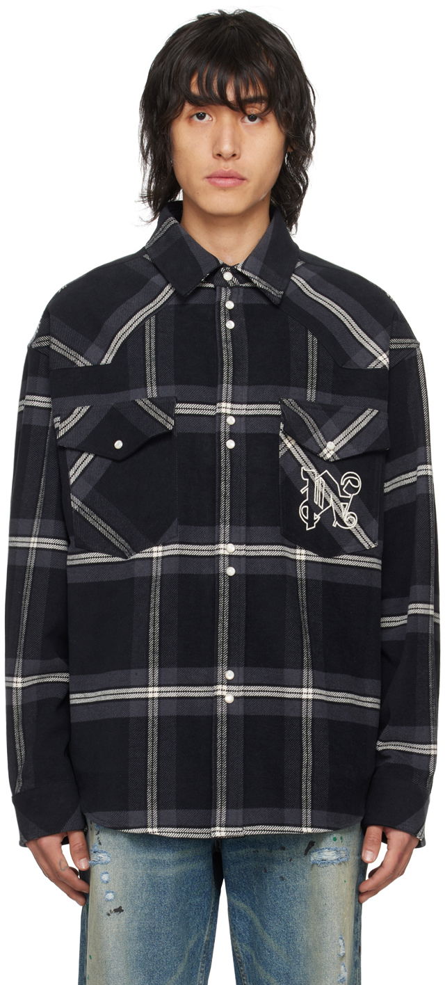 Srajce Palm Angels Monogram Check Shirt Črna | PMES023R24FAB0011103