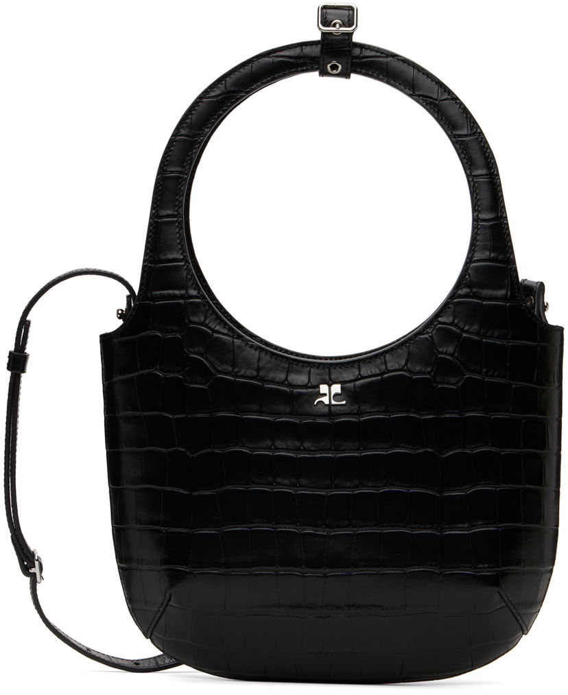 Torba za čez ramo Courrèges Croc-Stamped Leather Shoulder Bag Črna | 224GSA102CR0060