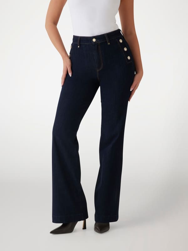 Kavbojke GUESS Faye High-Waisted Button Detail Wide-Leg Chino Pants Modra | W5RA0PD5PW1