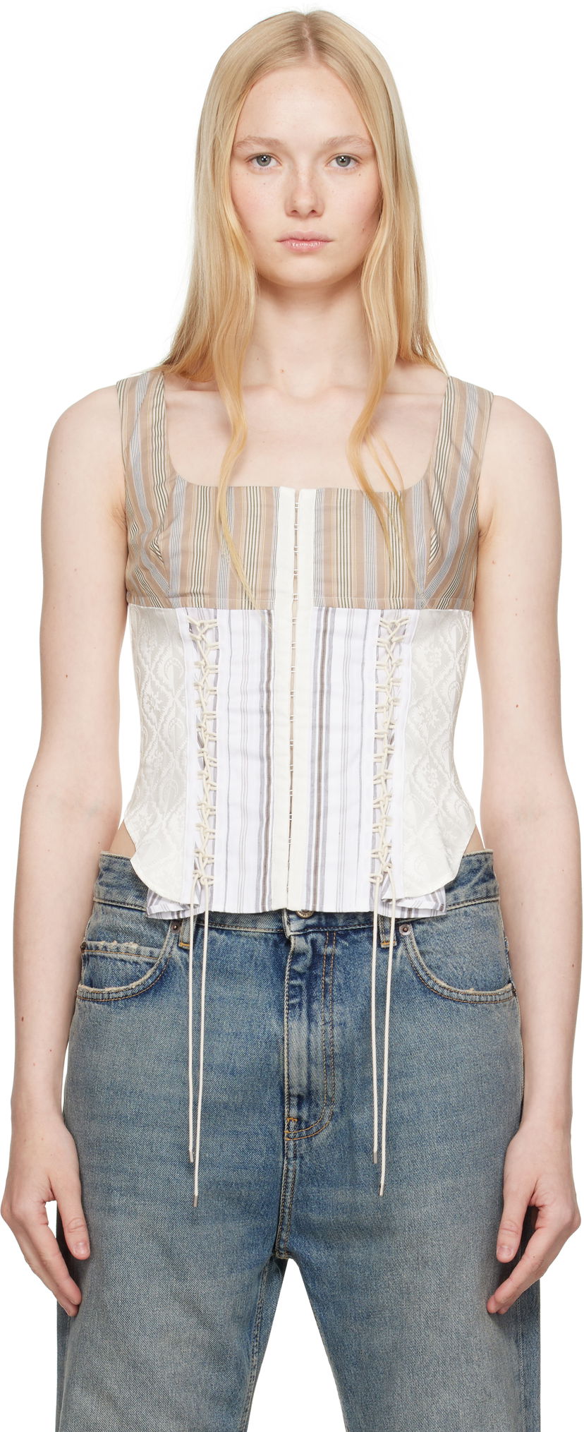 Majica brez rokavov Marine Serre Marine Serre Striped Poplin Bustier Top Bela | WTO410A DWOV0061