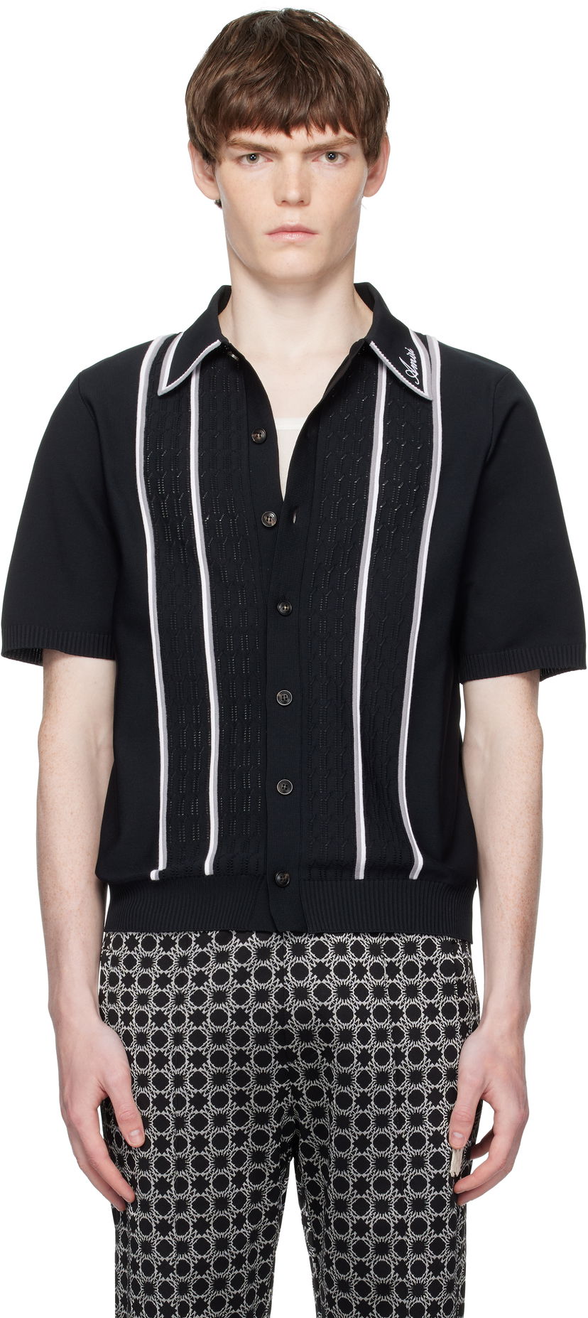 Polo majica AMIRI AMIRI Script Stripe Knit Polo Črna | AMKNIR1025