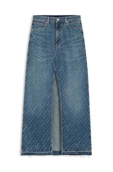 Krila BOSS Long Denim Skirt with Logo Pinstripe and Front Slit Modra | 50542445