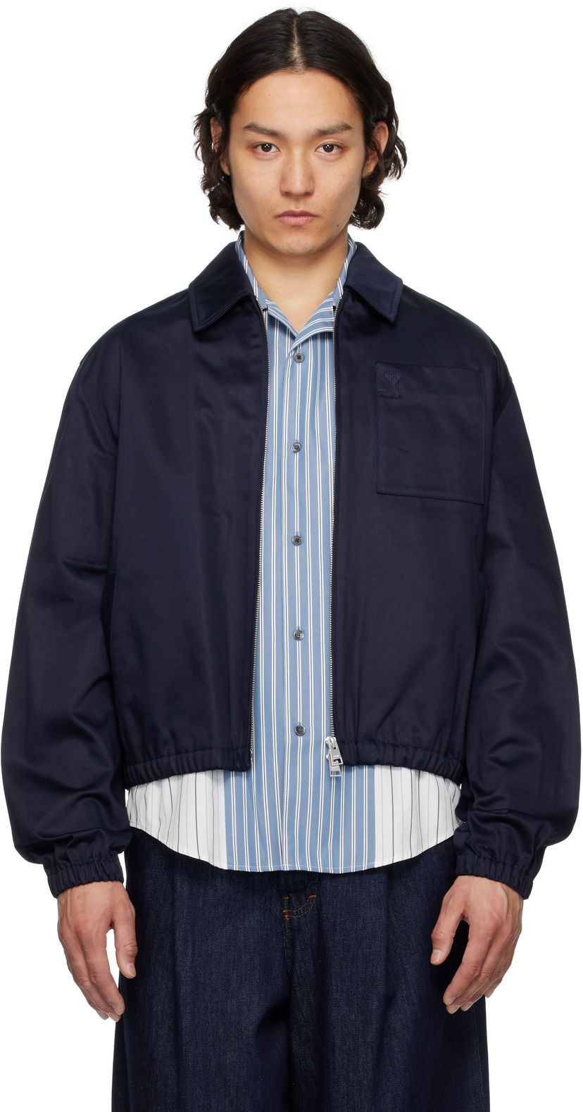Bomber jakna AMI AMI Paris Cotton Ami de Coeur Zipped Jacket Mornarica | HJK059.CO0103