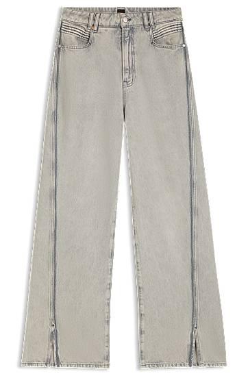 Kavbojke BOSS Wide-leg denim jeans with hem slits Siva | 50542436